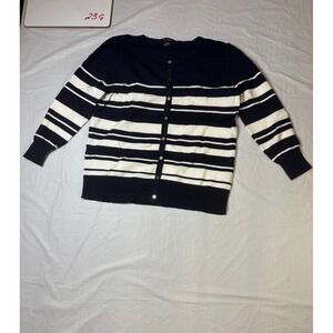 Blue White Striped Cardigan Nue Options Sweater Long Sleeve Button Front Women's